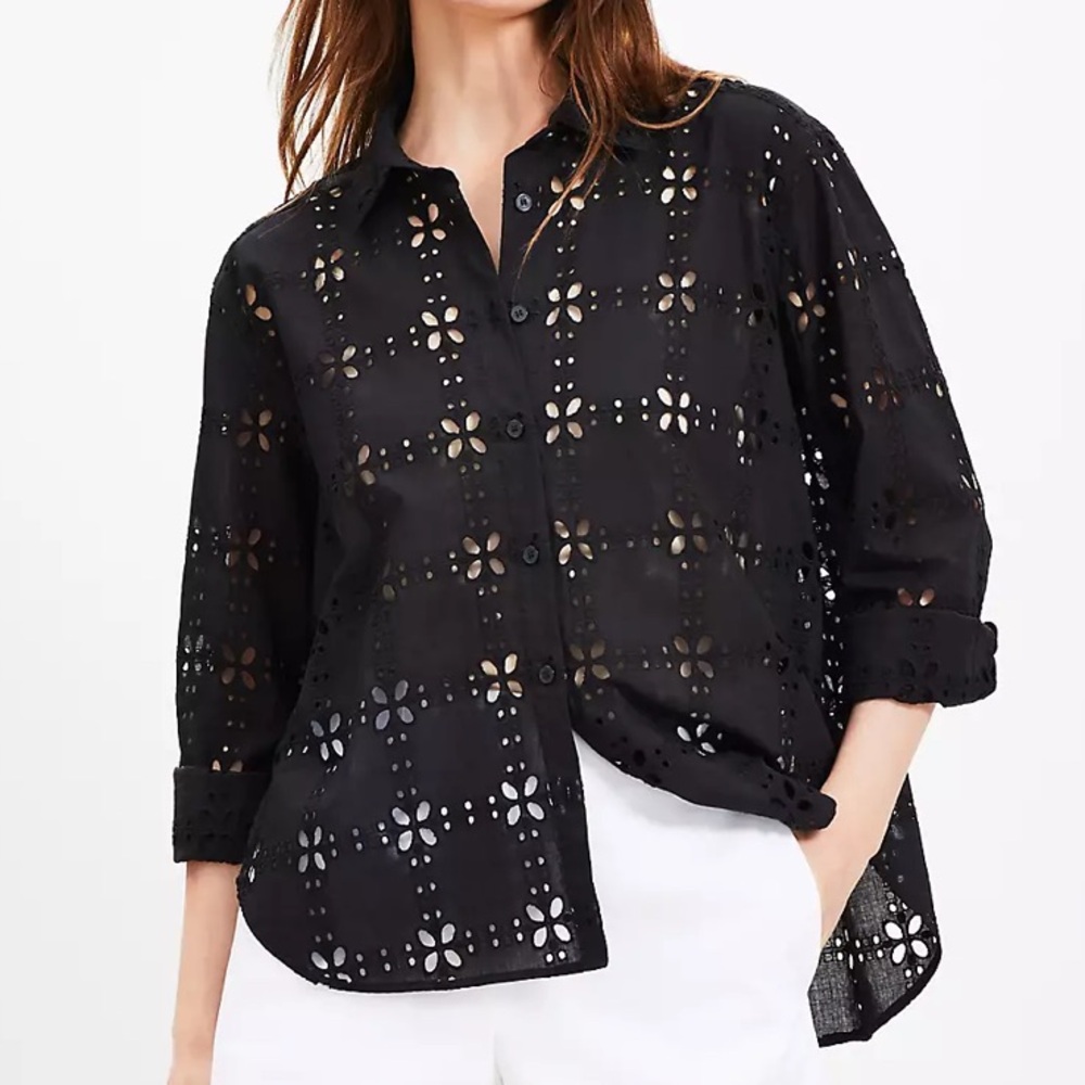 LOFT Black Petite Square Eyelet Everyday Relaxed Shirt
